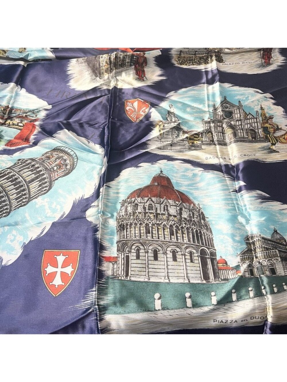 Vtg ITALY SOUVENIR SCARF Pisa Firenze FLORENCE Leaning Tower 29 x 30
